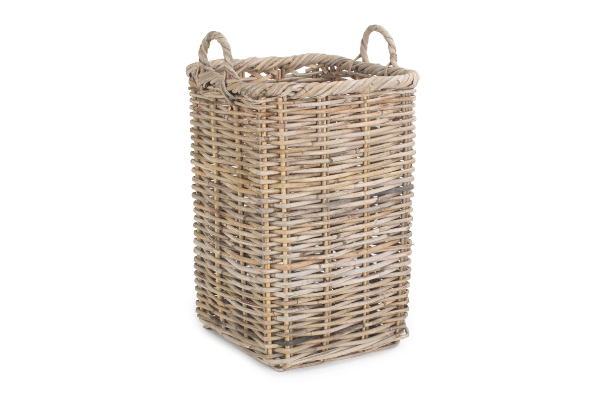 Square Kubu Rattan Umbrella Basket in natural grey-brown woven rattan with two integrated carrying handles