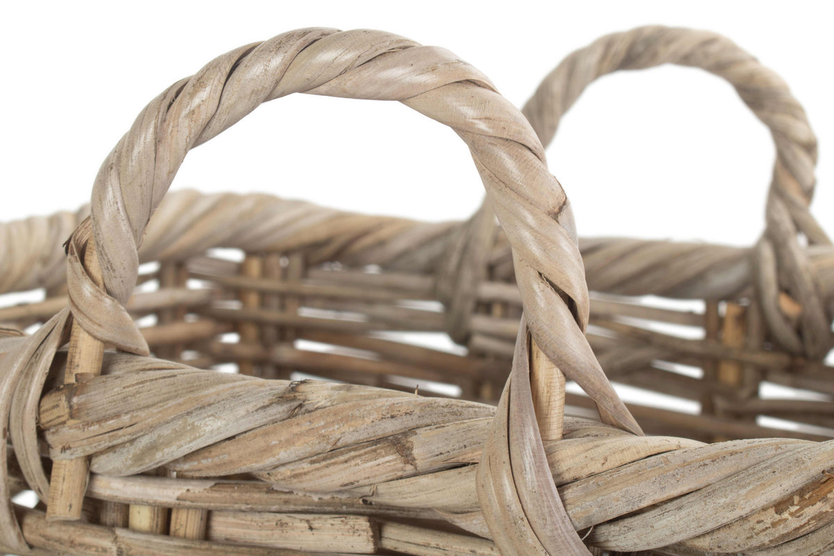 Square Kubu Rattan Umbrella Basket close-up showing the two woven loop handles and reinforced rim