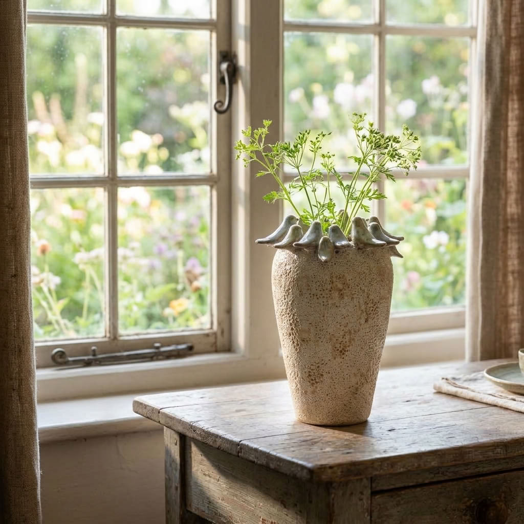 Stone Bird Vase with delicate greenery displayed beside a cottage window overlooking the garden