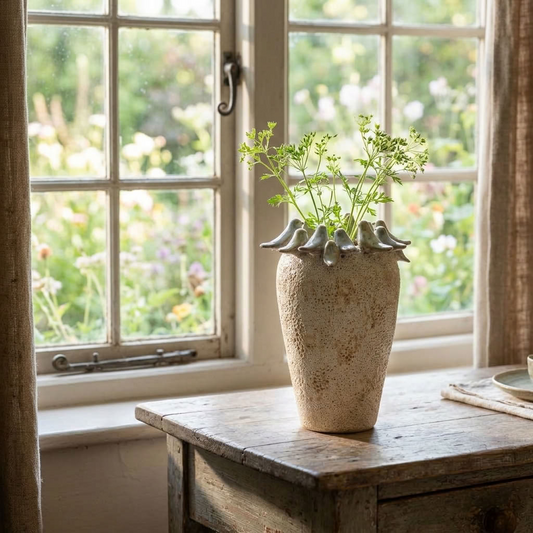 Stone Bird Vase with delicate greenery displayed beside a cottage window overlooking the garden