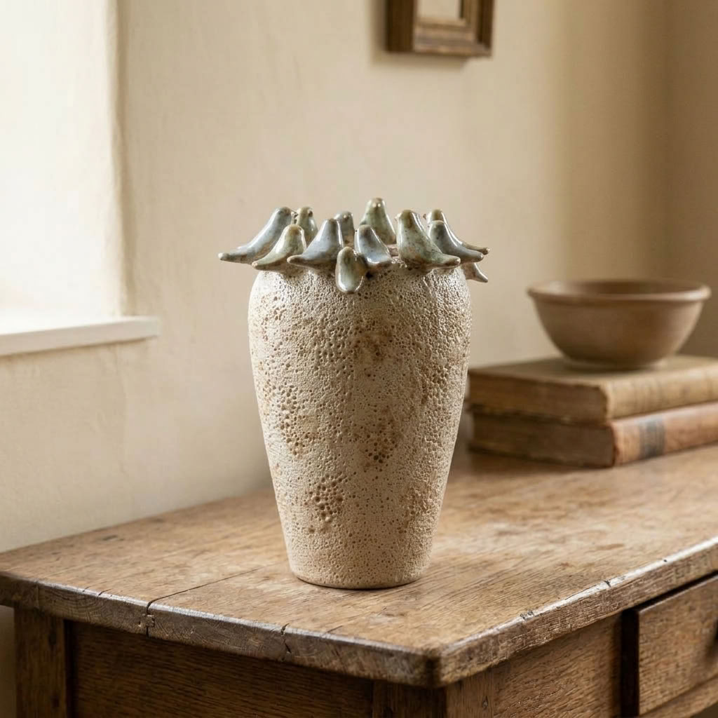 Stone Bird Vase displayed on an aged wooden console table in a traditional English country home