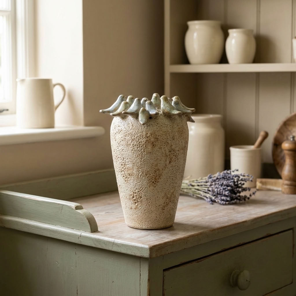 Stone Bird Vase displayed on a traditional painted wooden dresser in a country kitchen