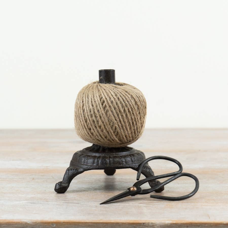 String tidy set showing natural twine, decorative metal stand and coordinating scissors