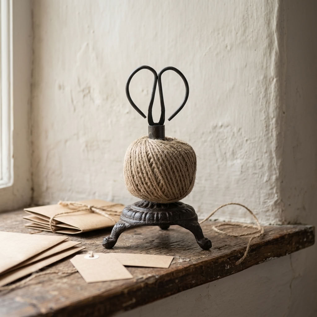 String Tidy & Scissors Set displayed with brown paper and natural twine on an aged wooden shelf in a country craft room