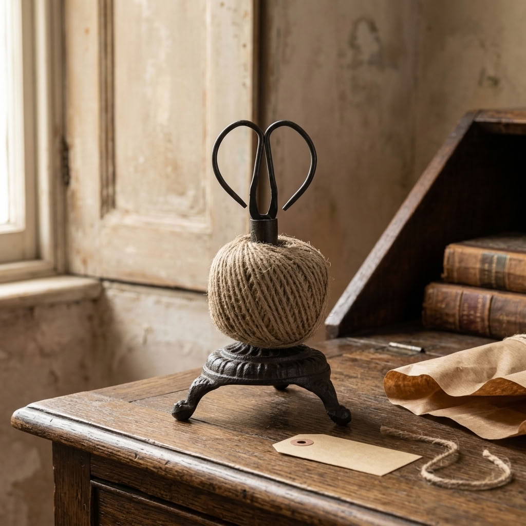 String Tidy & Scissors Set with wrapping paper and gift tags on an aged wooden writing desk in an English country home