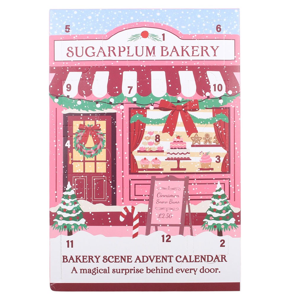 12-Day Sugarplum Bakery advent calendar featuring a pastel pink Christmas bakery with numbered doors