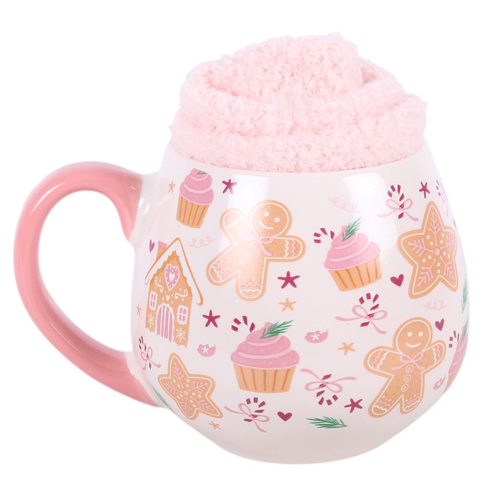 Sugarplum Bakery Christmas Mug and Fluffy Socks Gift Set showing the ceramic mug's festive pattern and pink handle
