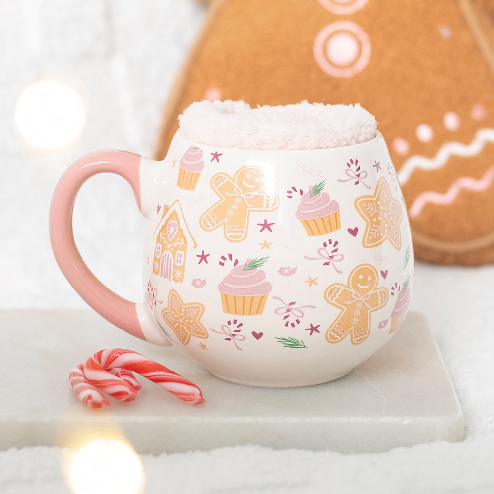 Sugarplum Bakery Christmas Mug and Fluffy Socks Gift Set with gingerbread print ceramic mug and festive decorations