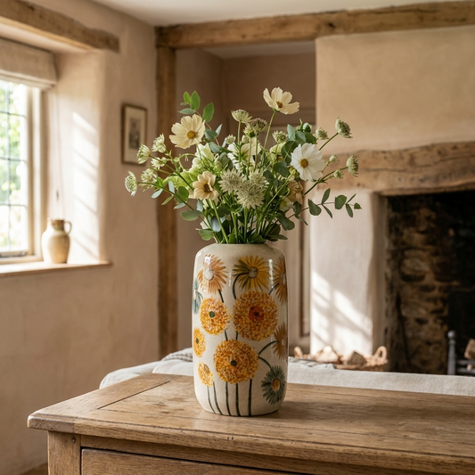 Sunflower Ceramic Vase with natural foliage and flowers styled on a wooden table in an English country cottage