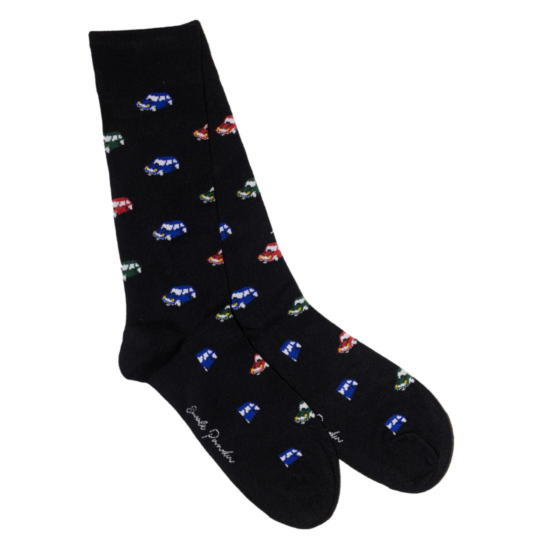 Black Swole Panda bamboo socks featuring colourful racing car designs