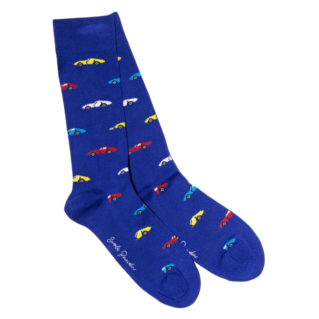 Blue Swole Panda bamboo socks featuring a colourful racing car design