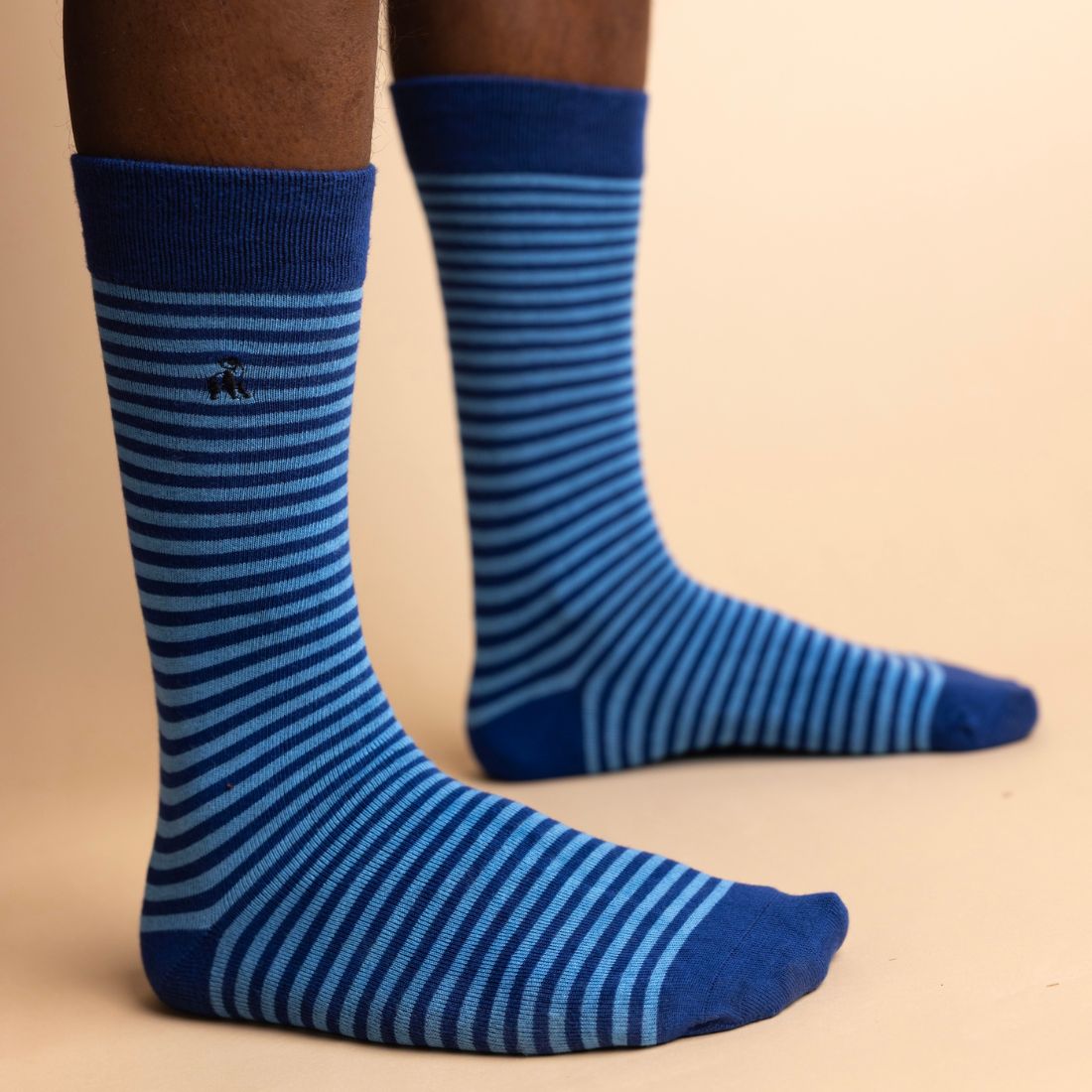 Blue striped Swole Panda bamboo socks with contrasting navy heel and toe