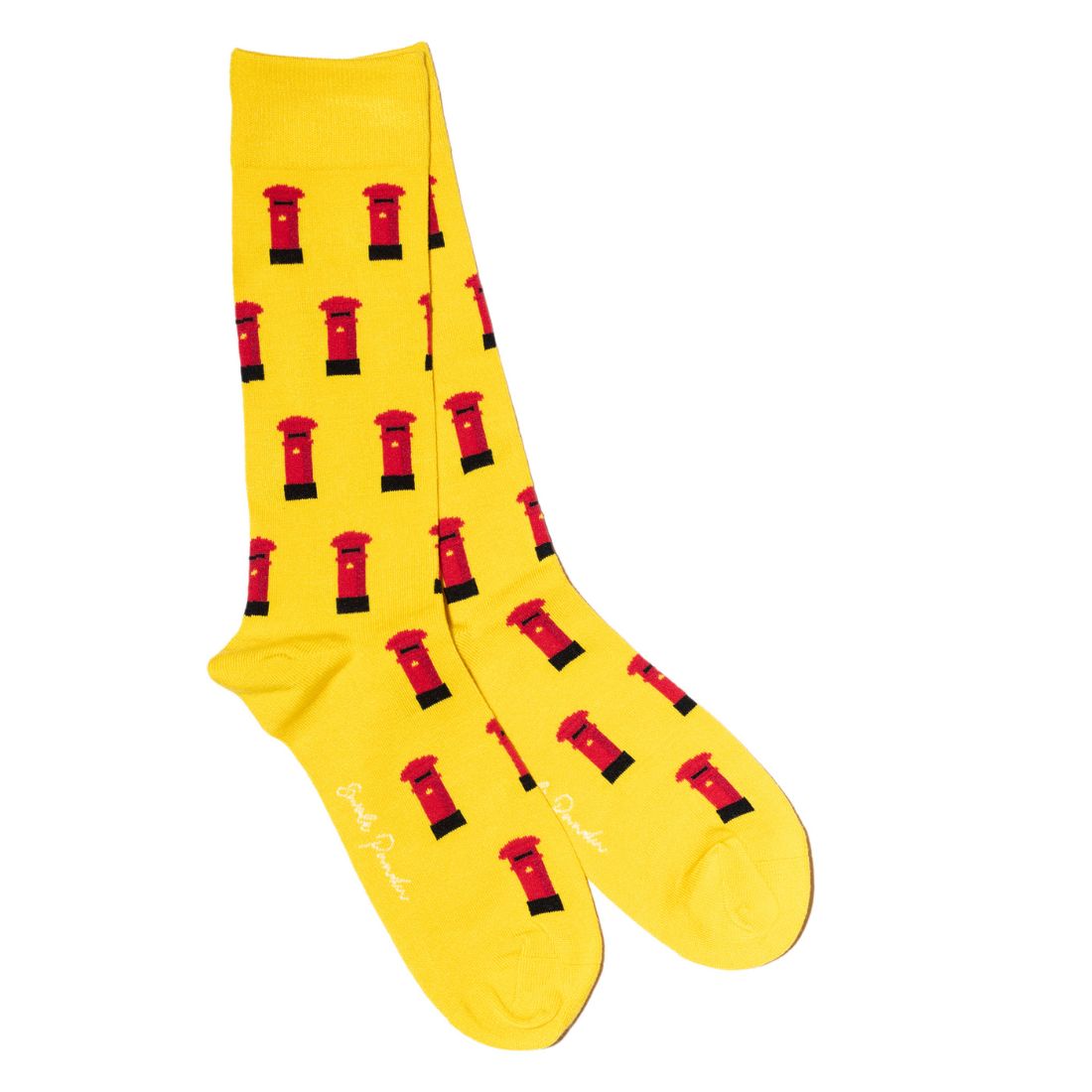 Yellow Swole Panda bamboo socks featuring a red London bus design