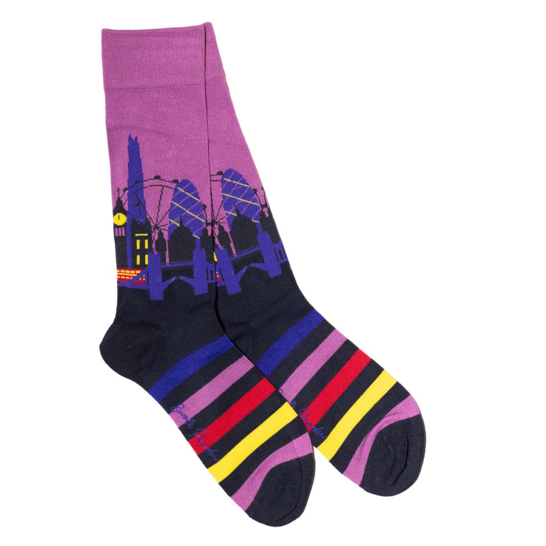Swole Panda bamboo socks featuring a colourful London skyline design