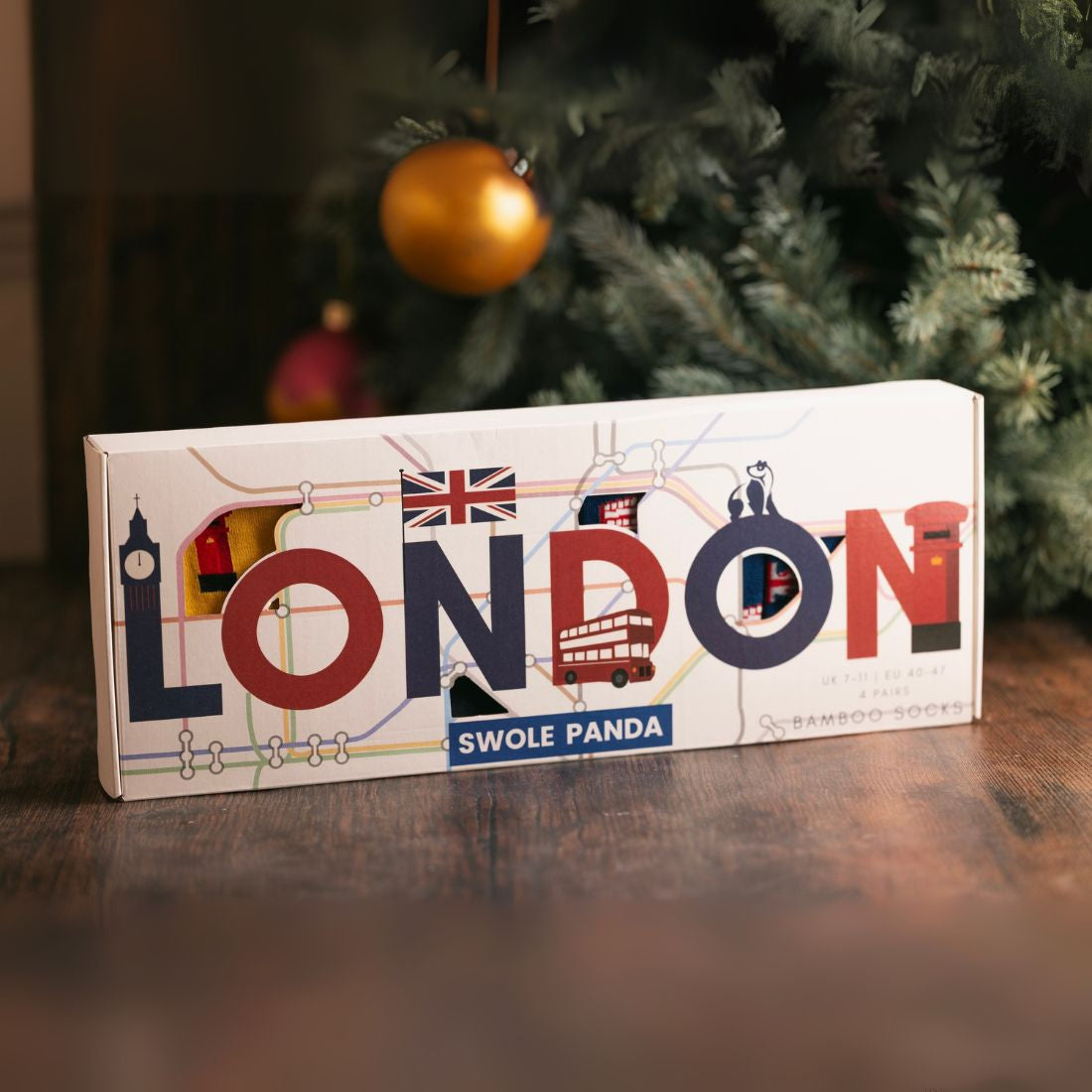 Swole Panda London Sock Box displayed in a dark lifestyle setting