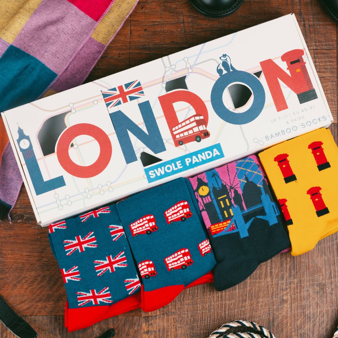 London Sock Box by Swole Panda styled with four pairs of bamboo socks