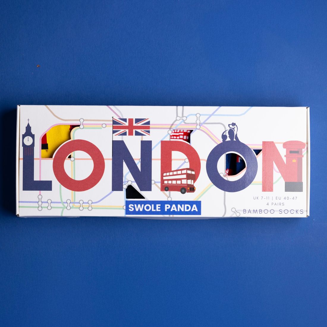 Swole Panda London Sock Box containing four pairs of men's bamboo socks with London-inspired designs