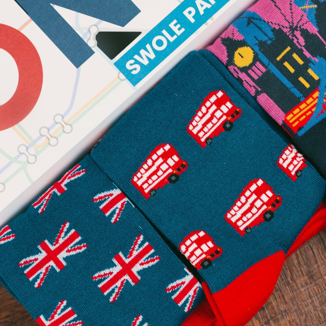 Close-up of Swole Panda London bamboo socks featuring British-inspired designs