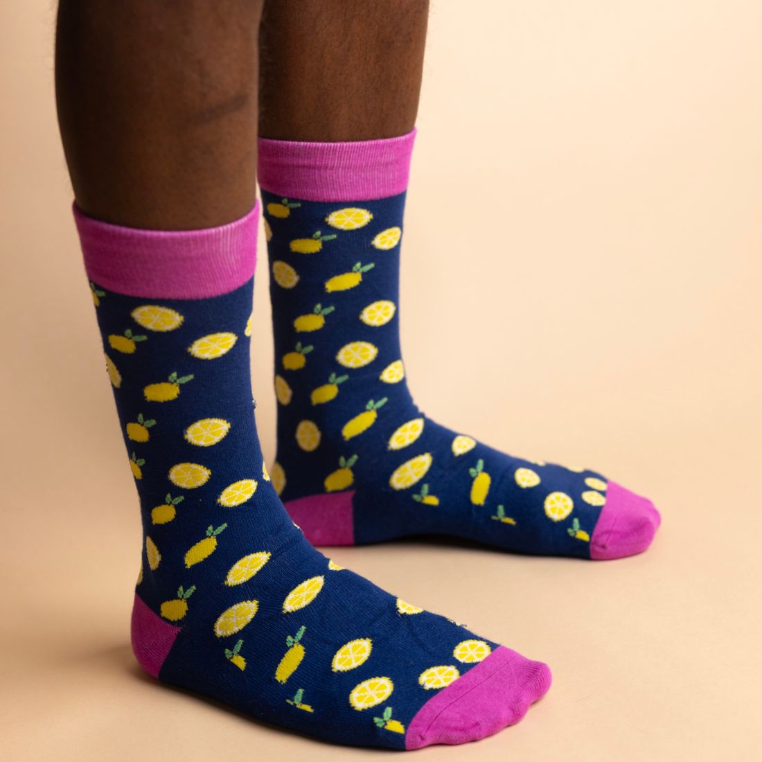 Navy Swole Panda bamboo socks with yellow spots and contrasting pink heel and toe