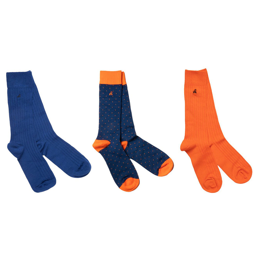 Three pairs of Swole Panda bamboo socks in coordinating orange and blue designs