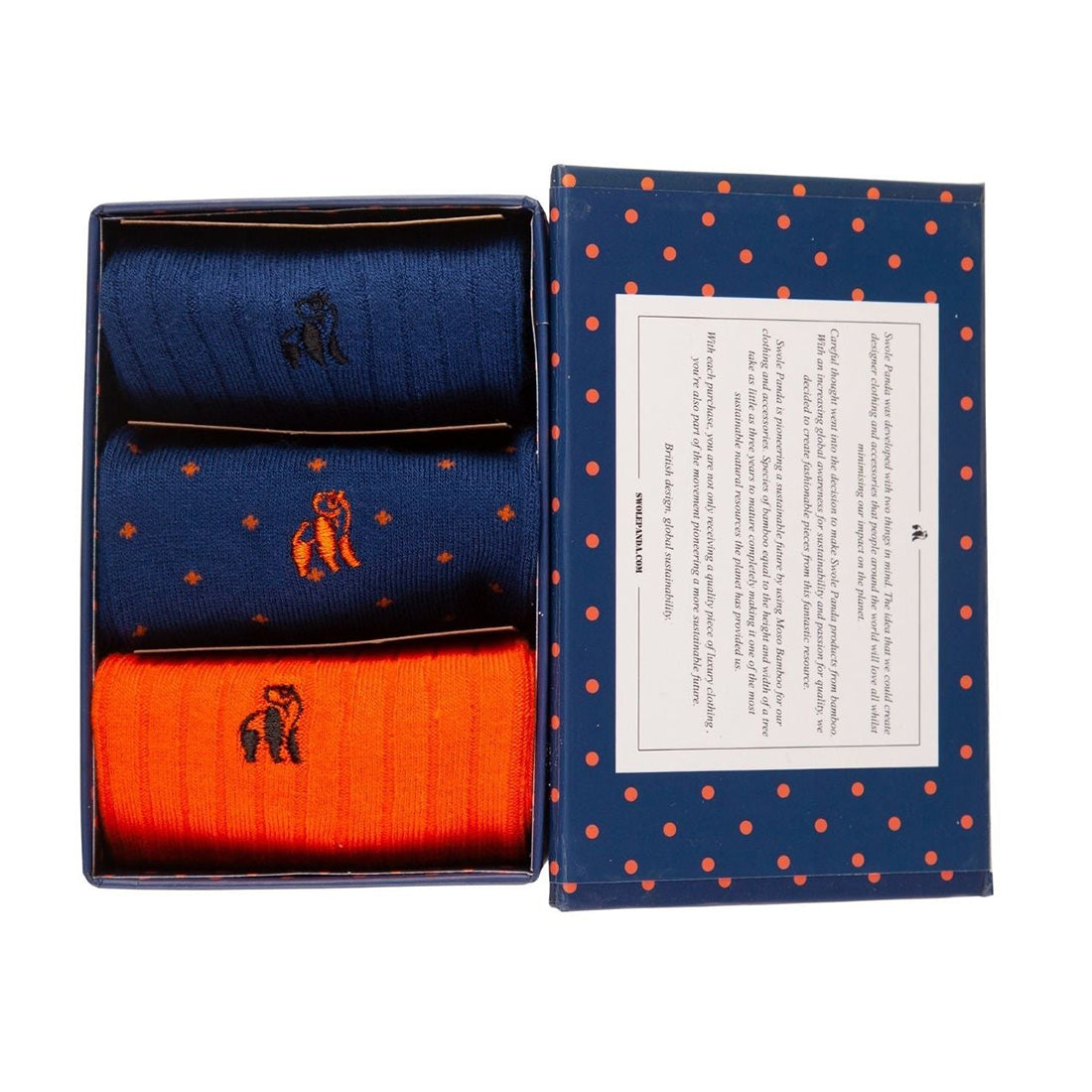 Open Swole Panda Orange and Blue Sock Box showing three pairs of bamboo socks