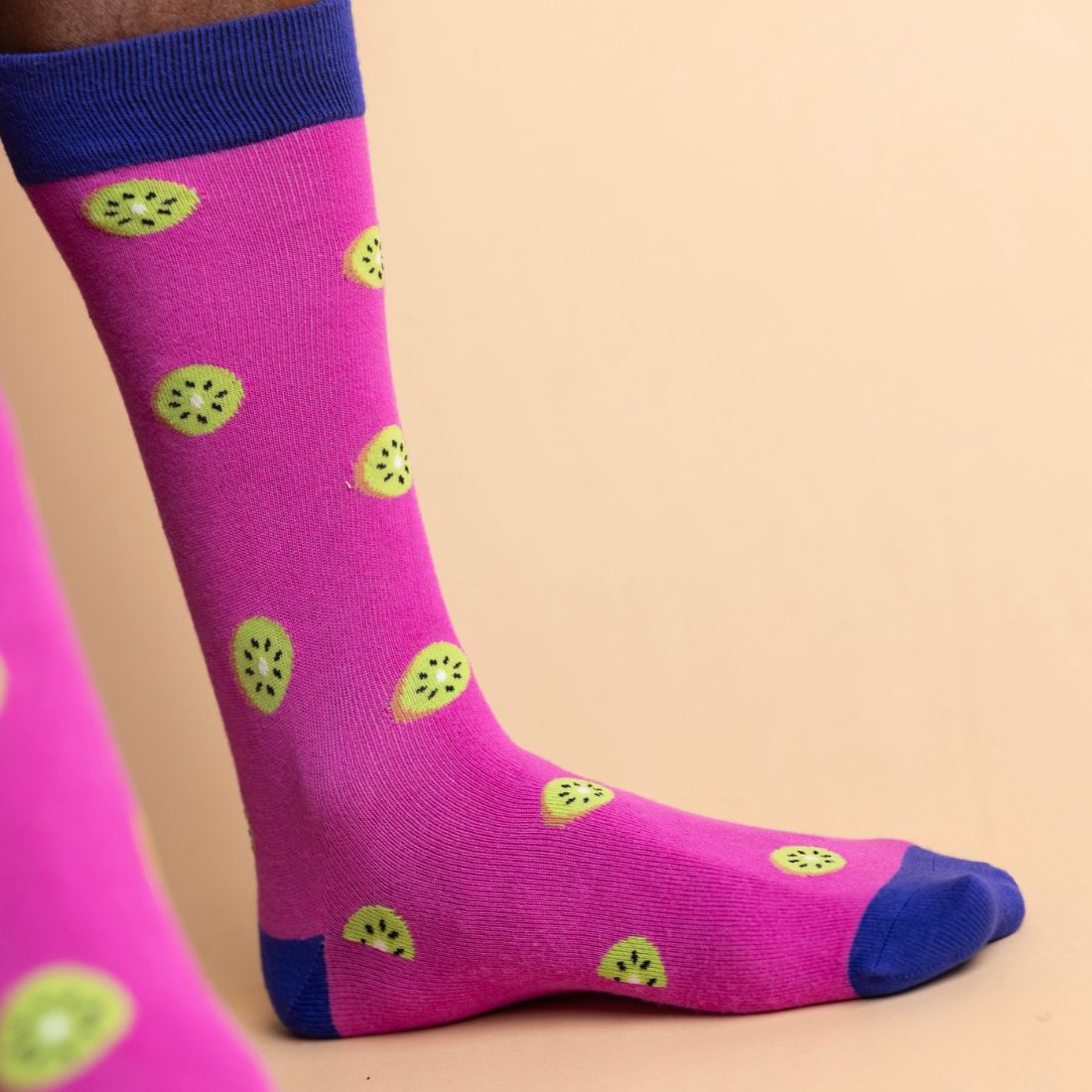 Pink Swole Panda bamboo socks with green heel and toe and colourful spot pattern