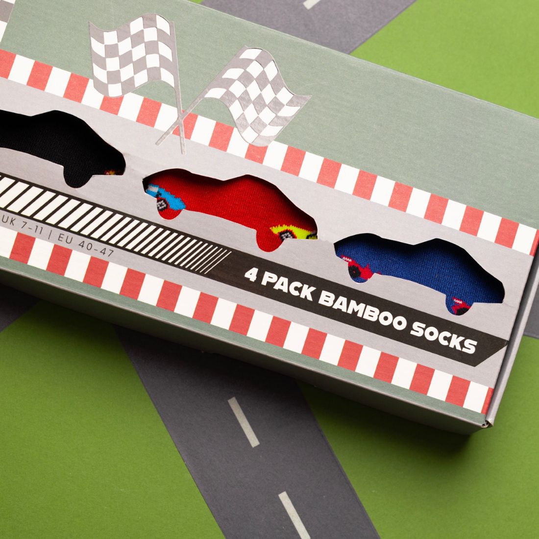 Swole Panda Racing Car bamboo sock gift box with colourful motoring design