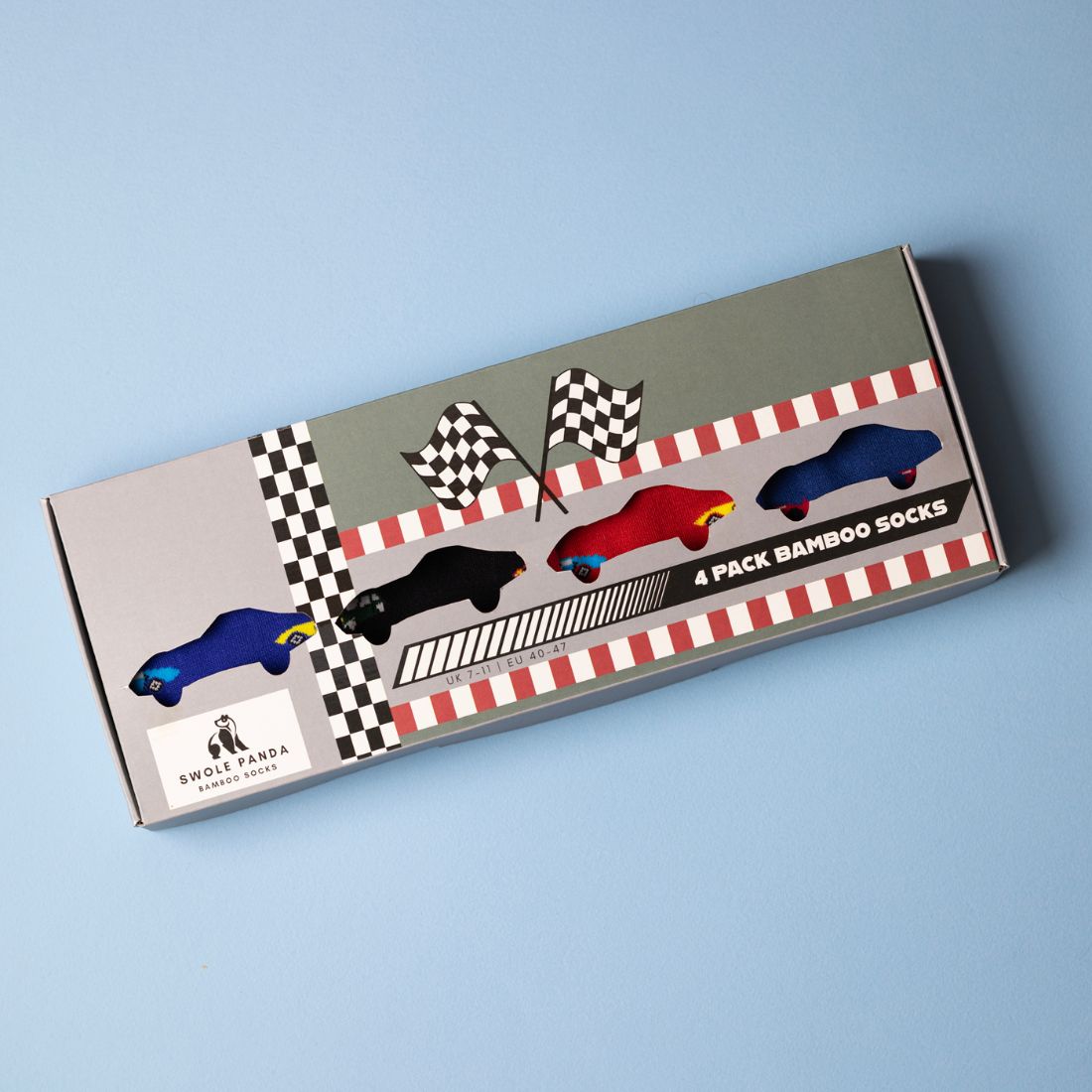 Swole Panda Racing Car Sock Box containing four pairs of men's bamboo socks