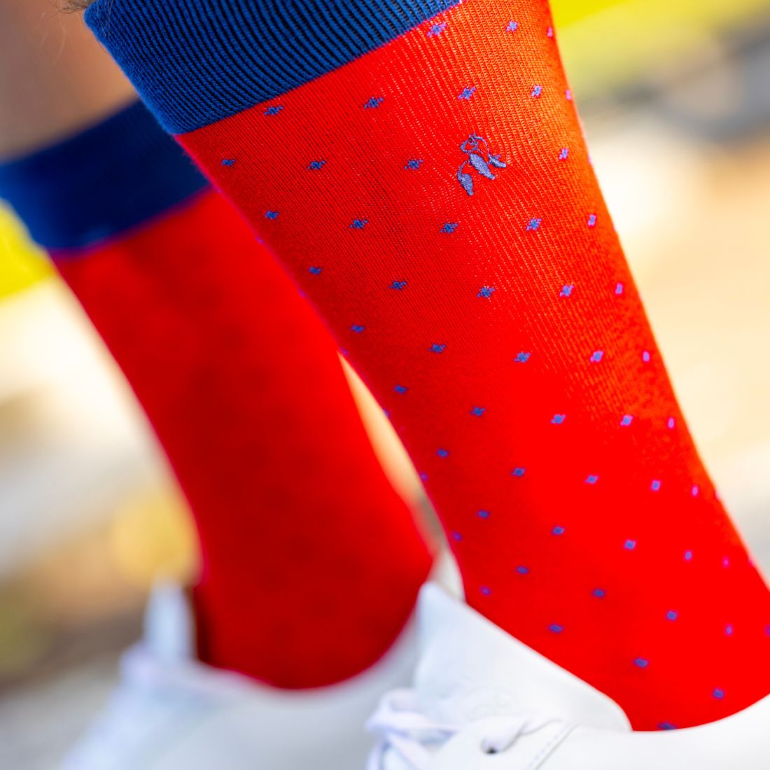 Red Swole Panda bamboo socks with contrasting blue heel and toe and subtle patterned detail