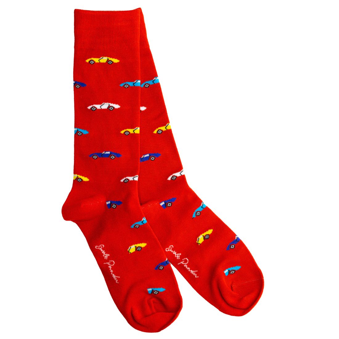Red Swole Panda bamboo socks featuring colourful racing car designs