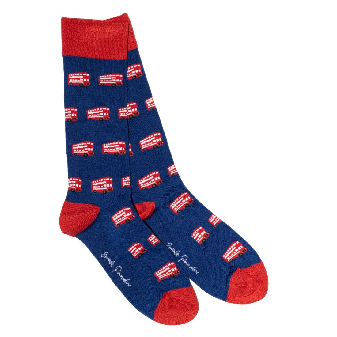 Navy Swole Panda bamboo socks featuring a red British post box design