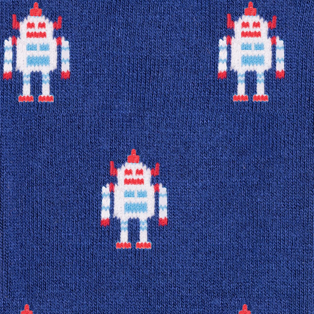 Close-up of colourful robot characters on navy Swole Panda bamboo socks