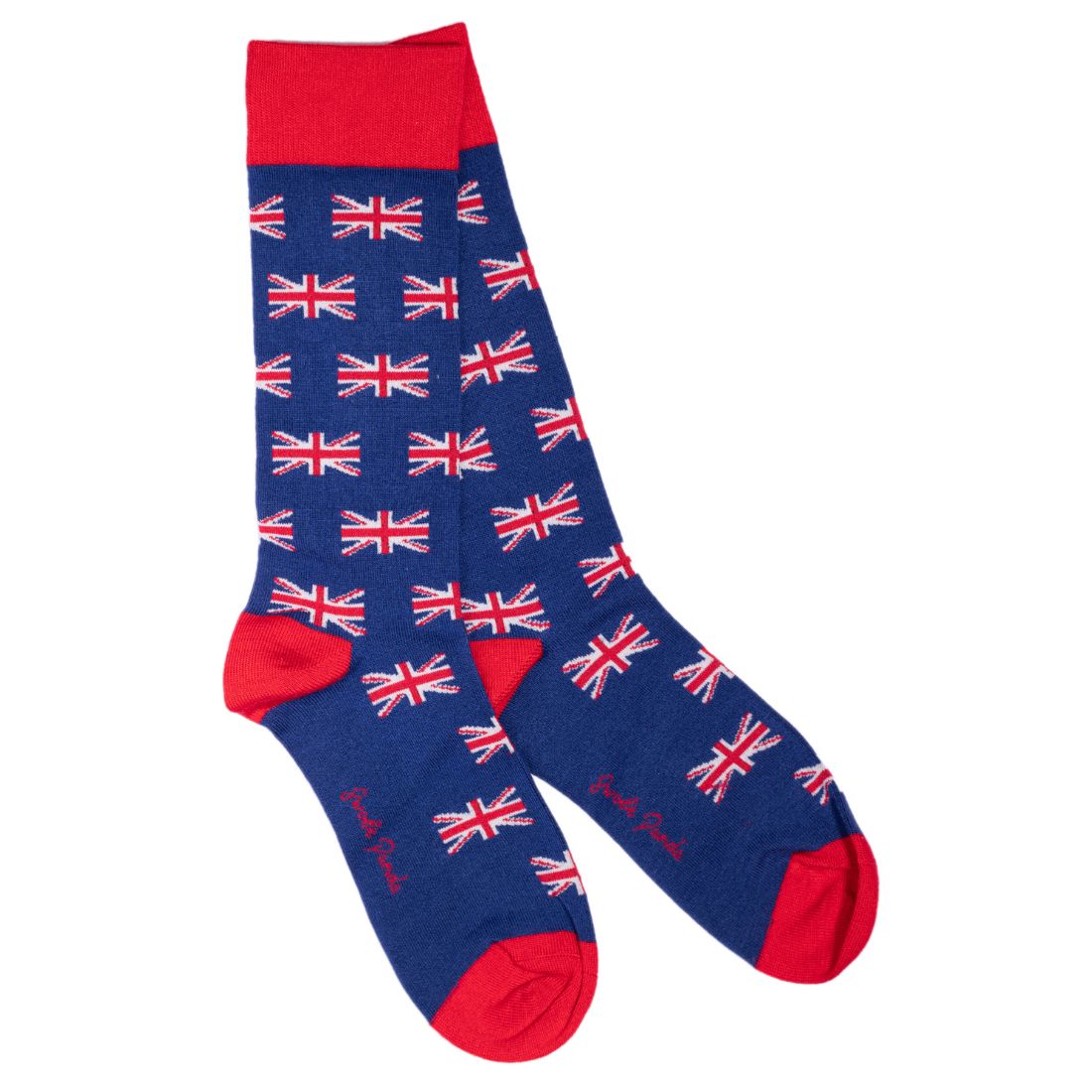 Navy Swole Panda bamboo socks featuring a red and white Union Jack design