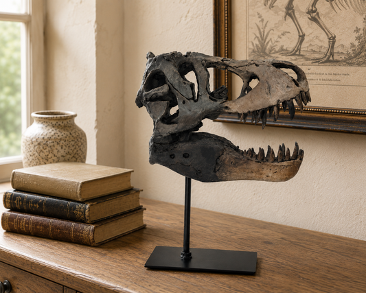 T-Rex skull replica on black metal stand displayed on an aged oak console in a country house interior