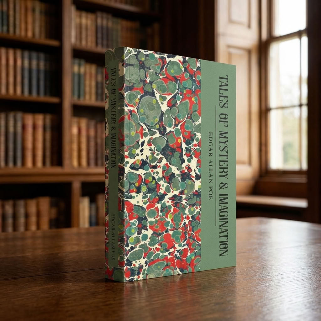 Tales of Mystery and Imagination by Edgar Allan Poe paperback on a wooden table in a traditional library