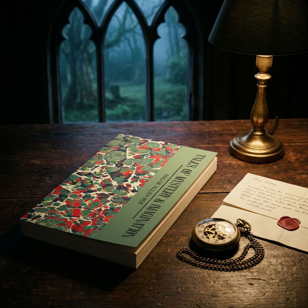 Tales of Mystery and Imagination by Edgar Allan Poe paperback beside a pocket watch and lamp in a Victorian study