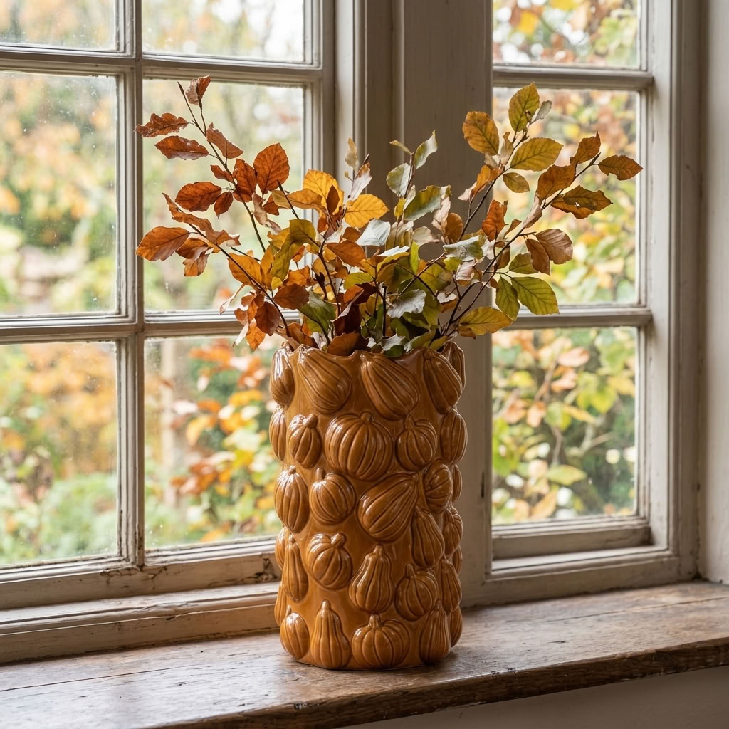 Tall Pumpkin Vase filled with autumn branches on a cottage window ledge overlooking colourful autumn foliage