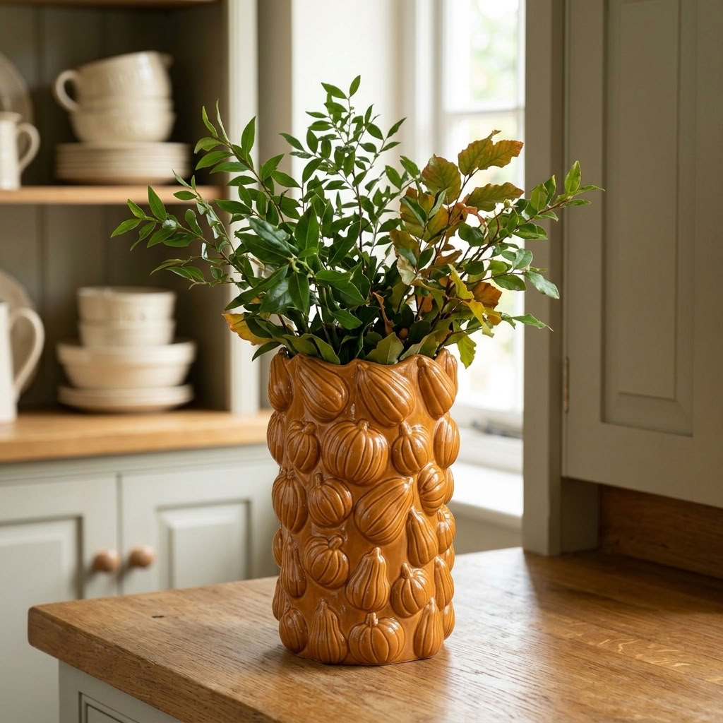 Tall Pumpkin Vase with leafy green branches styled on an aged oak table in an English country kitchen