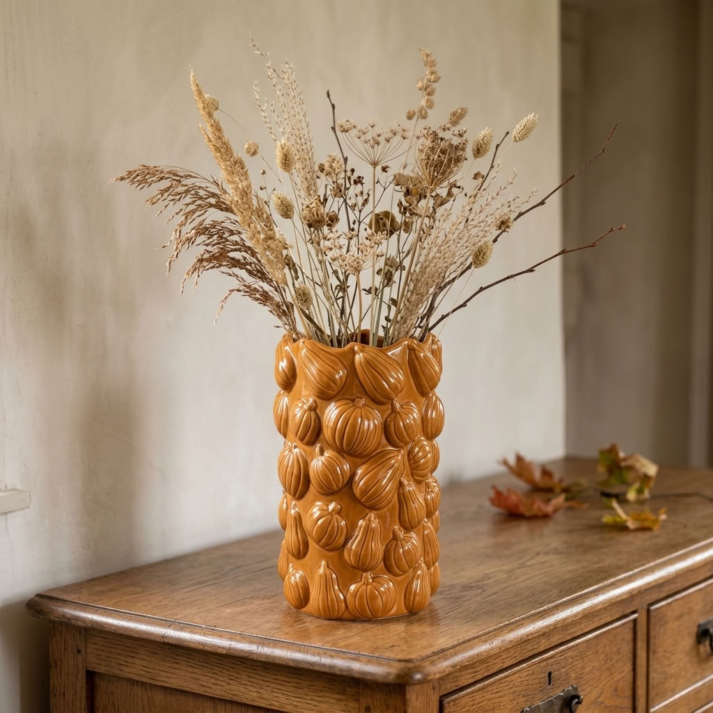 Tall Pumpkin Vase filled with dried autumn stems on an antique oak dresser in a traditional country home