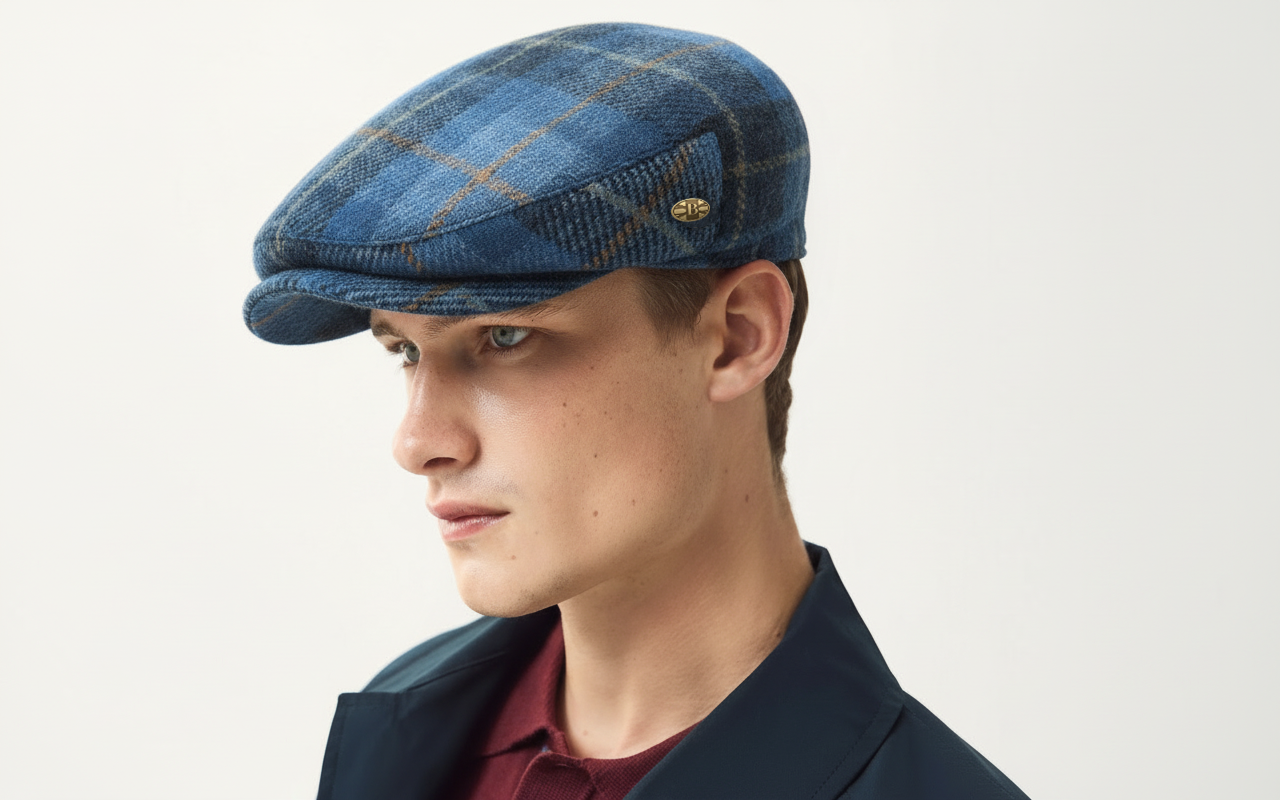 Light Blue Tartan Harris tweed Flat Cap by Bullantic