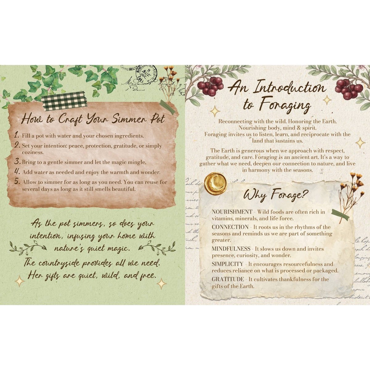 The Countryside Witch open book showing cosy countryside recipes and beautifully illustrated pages