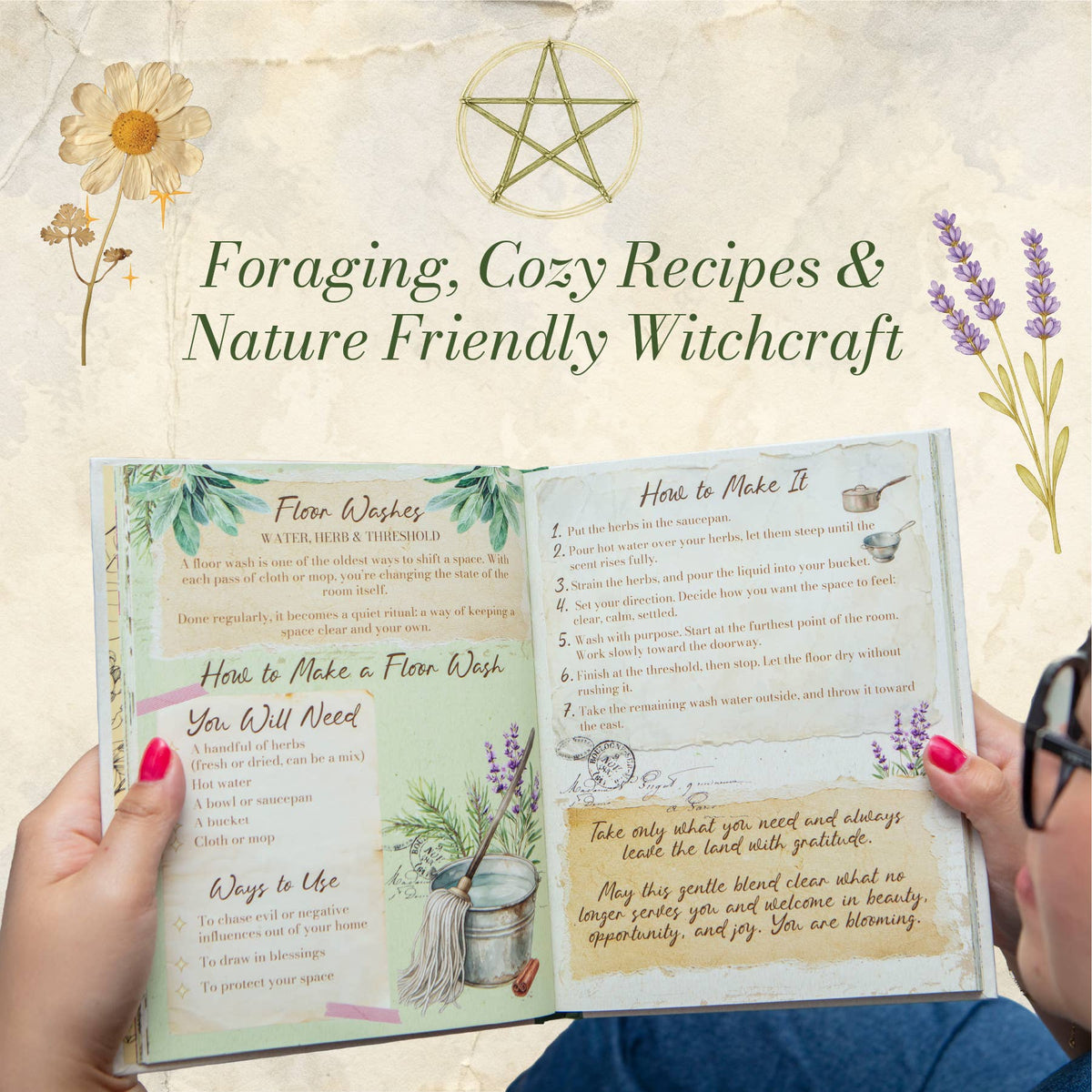 The Countryside Witch open book showing illustrated foraging guidance and nature-friendly witchcraft