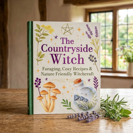 The Countryside Witch hardback book displayed upright on an aged oak table beside a traditional cottage window with fresh garden herbs