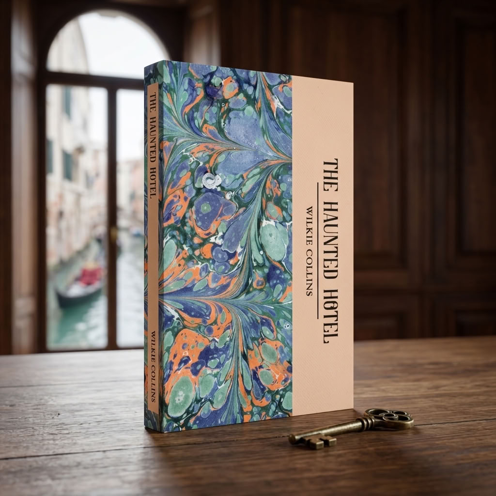 The Haunted Hotel & Other Stories by Wilkie Collins paperback on an antique walnut desk in a Venetian palazzo