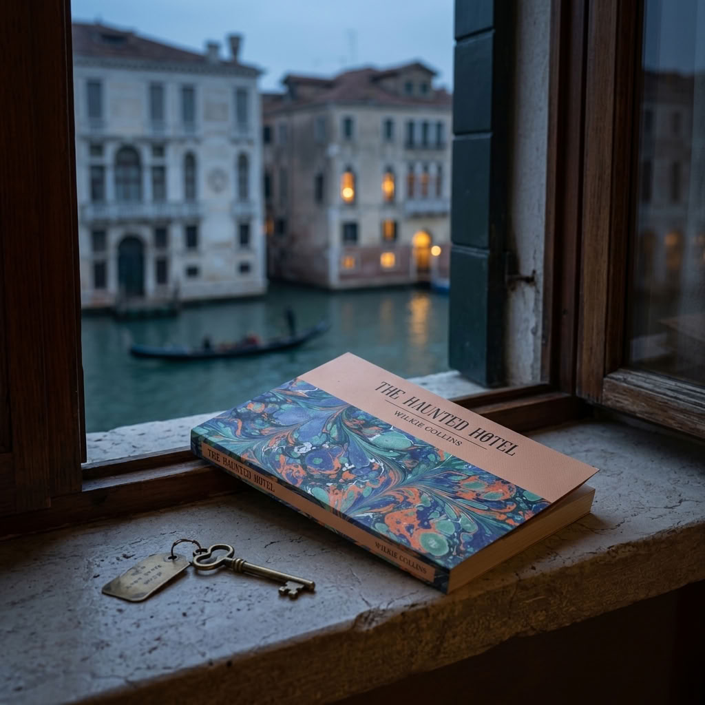 The Haunted Hotel & Other Stories by Wilkie Collins paperback on a stone window ledge overlooking a Venetian canal at dusk
