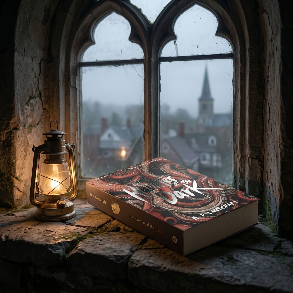 The Haunter of the Dark by H. P. Lovecraft paperback beside a lantern in an atmospheric Gothic chapel
