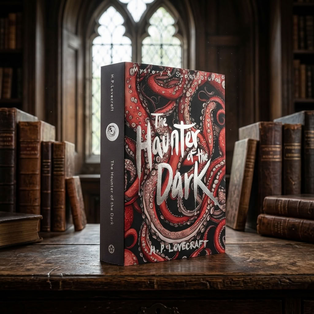The Haunter of the Dark by H. P. Lovecraft paperback on an antique wooden desk in a Gothic library