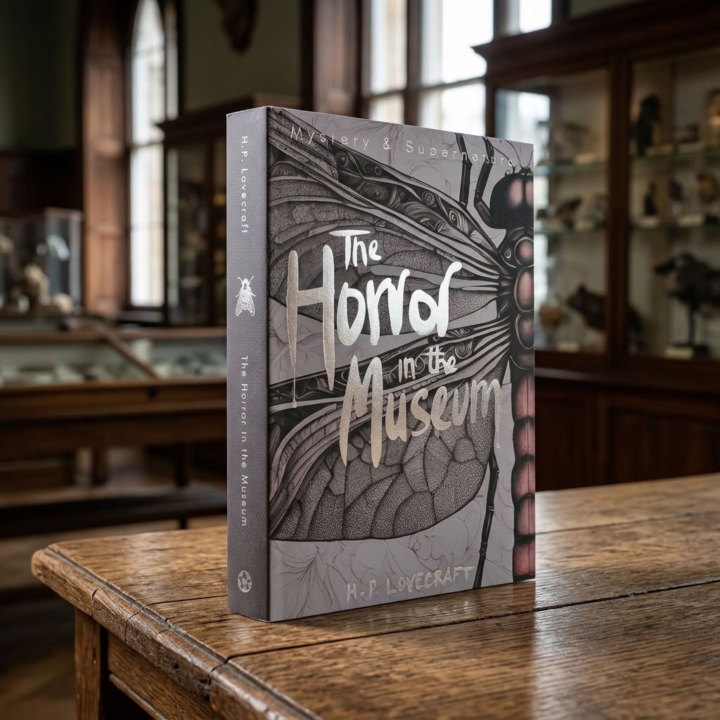 The Horror in the Museum by H. P. Lovecraft paperback on an aged wooden table in a Victorian museum