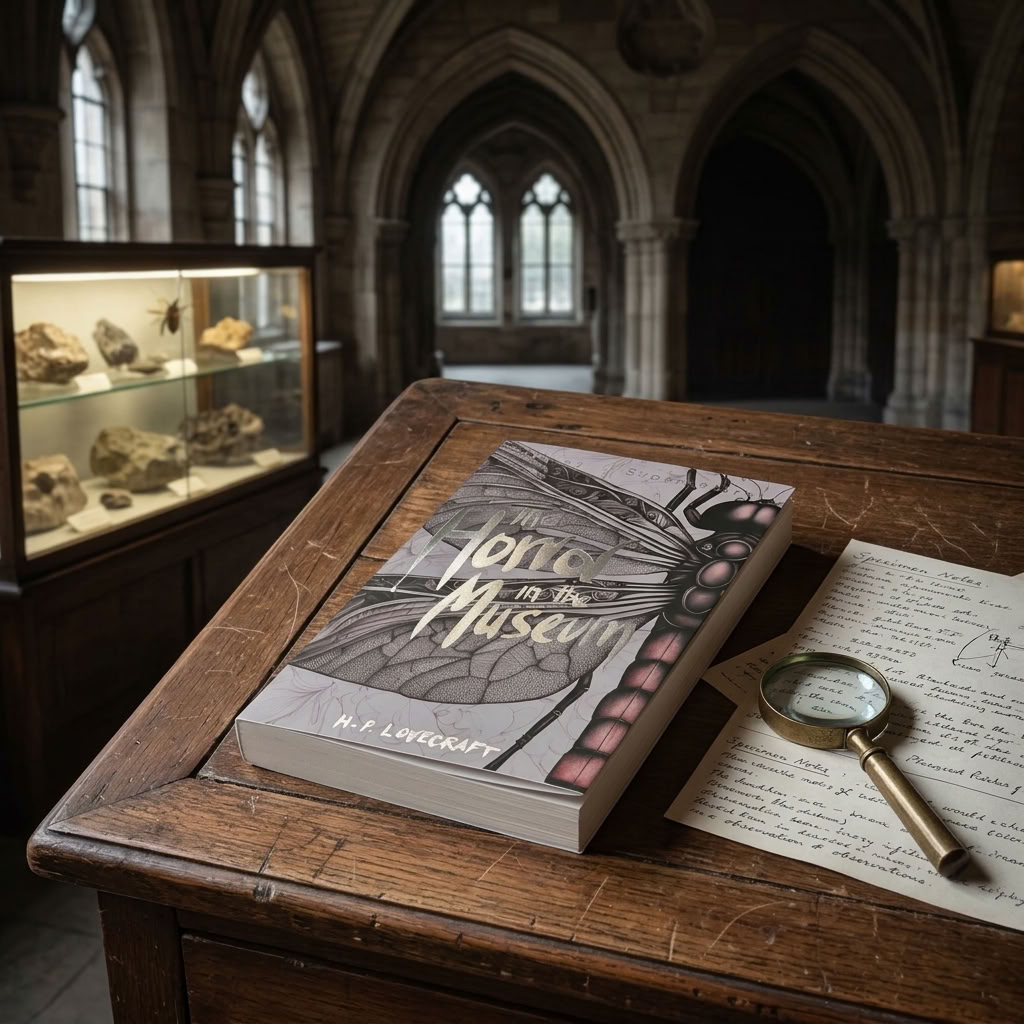 The Horror in the Museum by H. P. Lovecraft paperback on an antique museum desk with a magnifying glass