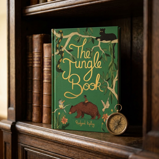 The Jungle Book Wordsworth Collector's Limited Edition hardback with a brass compass on an aged oak library shelf